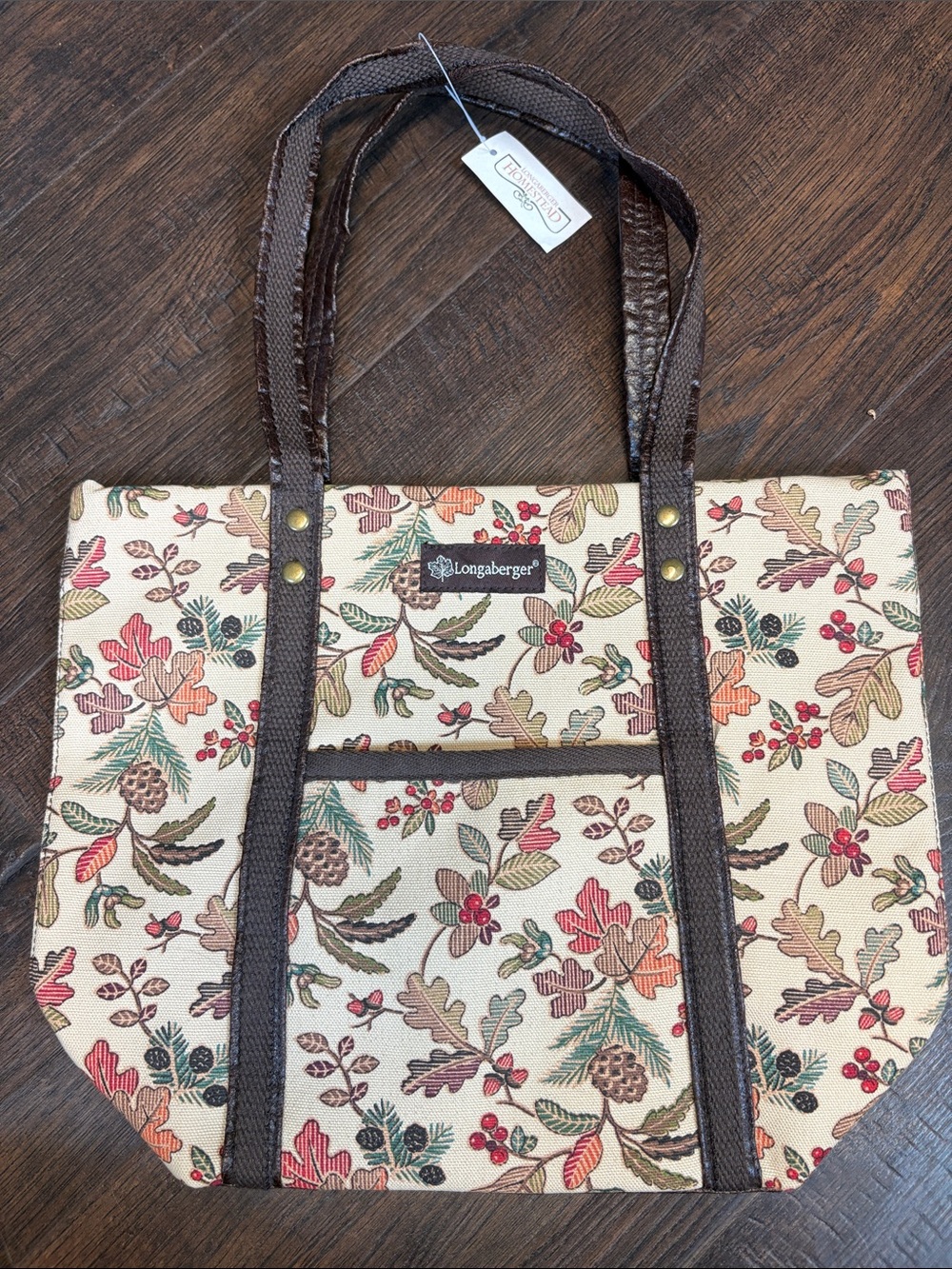 Longaberger homestead Cream orange brown Floral Fall Canvas Tote with Brown Trim